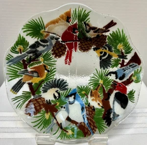 Peggy Karr Winter Birds 10.5" Fused Art Glass Serving Bowl - Signed - Picture 1 of 4