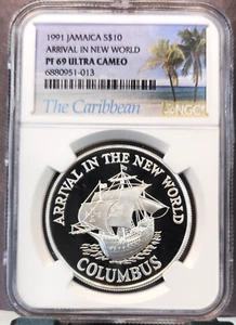 1991 JAMAICA SILVER 10 DOLLARS ARRIVAL IN THE NEW WORLD NGC PF 69 ULTRA CAMEO - Picture 1 of 3