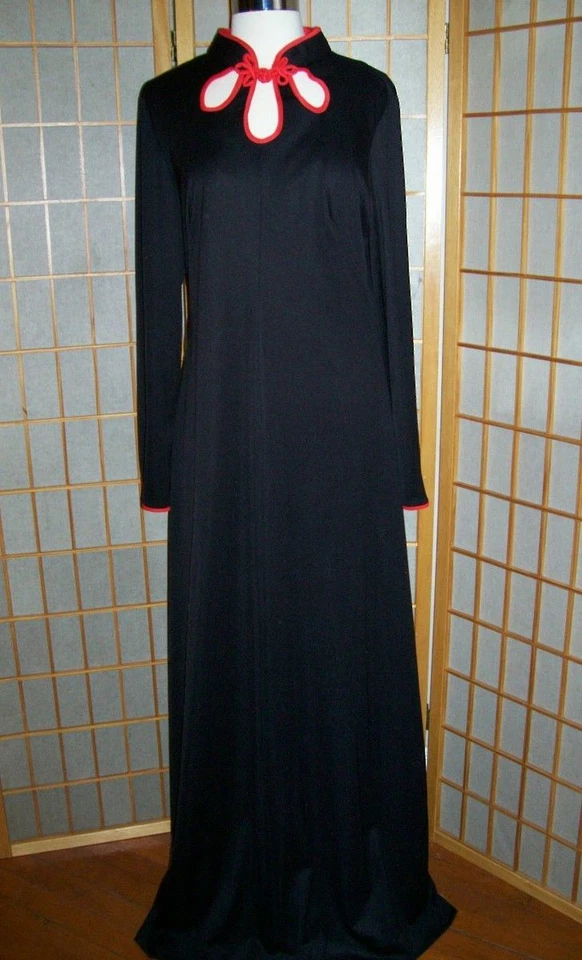 Seymour Levy VTG 1960s 70s JET BLACK & BOLD RED Sexy Morticia GOTH DRESS Sz M - Image 1 of 1