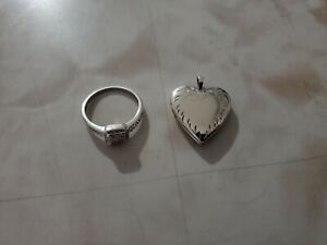 Women's ring real Diamonds 925 sterling silver Size 6 + 925 heart pendant lot