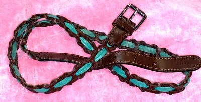 Cinto de fivela vintage Ralph Lauren couro trançado acabamento azul-petróleo M - Imagem 1 de 4