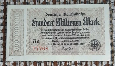 Germany, Reichsbahndirektion Berlin - 100 million marks 1923 - MG 002 13f - XF - Image 1 of 2