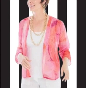 NEW Chico’s 100% Linen Open Kimono Jacket Coastal Sheer Raspberry Vibrant Large - Picture 1 of 9