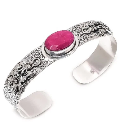 Kashmir Red Ruby Ethnic Gemstone 925 Sterling Silver Cuff Bracelet Adjustable s4 - Image 1 of 4