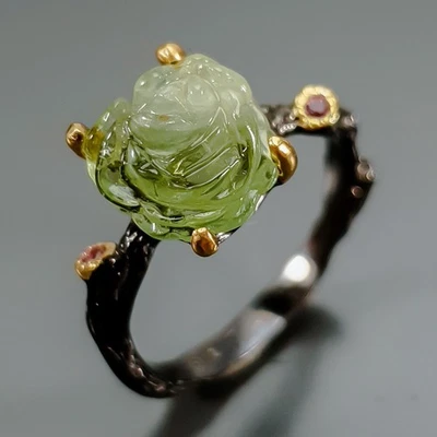 Carving gem Natural Tourmaline Ring 925 Sterling Silver Size 6 /R422972 - Image 1 of 4