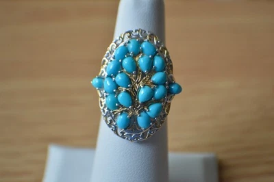 4.15ct SB Turquoise Tree Of Life Ring YG/ Rhodium Plated over Fine Silver Size 5 - Image 1 of 4