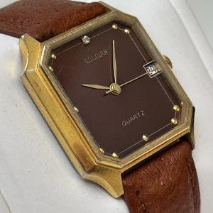 Herren Neo Vintage Uhr GOLDIAN goldfarben Tank 80er Jahre braunes Zifferblatt - neue Fledermaus - Bild 1 von 8