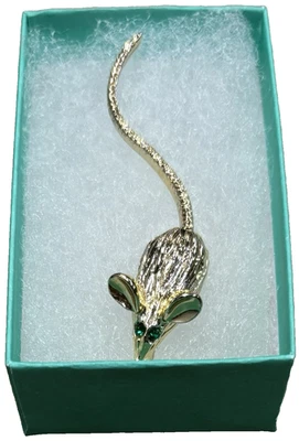 Broche prendedor de ratón tono dorado vintage ojo de piedra verde y pavé cristal cola móvil Foto 1 de 4