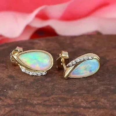 2.40Ct Pear Cut Fire Opal Diamond Women's Stud Earrings 14K Yellow Gold Finish - Image 1 of 4