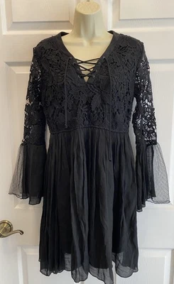 J Gee Witchy Black Dress Boho Crochet Lace Bell Sleeves Sheer Goth Whimsical S - Image 1 of 4