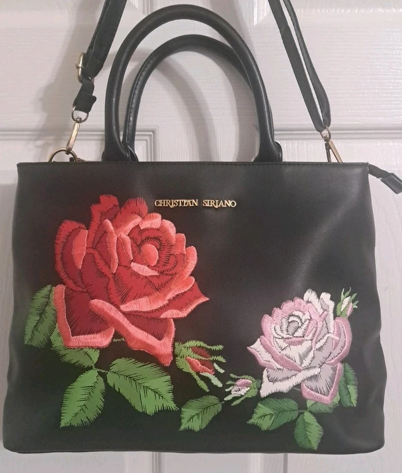 CHRISTIAN SIRIANO BLACK BAG BEAUTIFUL ROSE DESIGN DOUBLE TOP HANDLES & STRAP - Image 1 of 4
