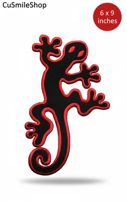 Large Black and White Red Yellow Gecko Lizard Embroidered Patch Unique Bohemian - Image 1 of 4