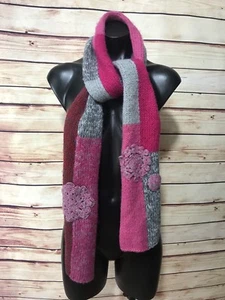 Fashion Pink Red Scarf Shawl Knit Floral Pattern Applique Thick Chunky Warm Wear - Picture 1 of 7