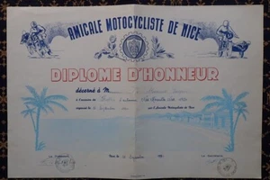 AMICALE MOTOCYCLISTE DE NICE~DIPLÔME D'HONNEUR~RALLYE NICE>MARSEILLE>NICE~1950 - Picture 1 of 7