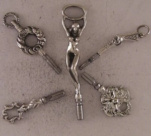 5 Solid SILVER Keys Incl. A"Woman" & A"Pistol For Antique Watches PERFECT - Picture 1 of 2