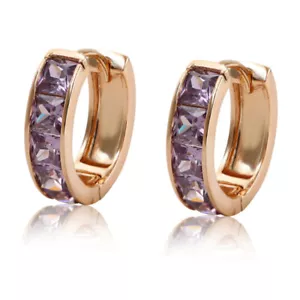 9K GOLD GF VINTAGE PURPLE AMETHYST BIRTHSTONE LADY GIRL ROUND HOOP EARRINGS GIFT - Picture 1 of 6