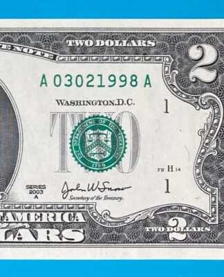 March 2, 1998 / 3 February 1998 : A 03021998 A BIRTHDAY NOTE $2 Two Dollar Bill - Image 1 of 3