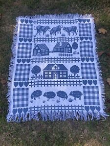 Vintage Blue White Farmhouse Woven Blanket Sheep Cows