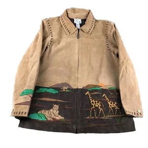 Quacker Factory Jacket Womens Large Brown Leather Embroidered Animals Full Zip - Picture 1 of 11