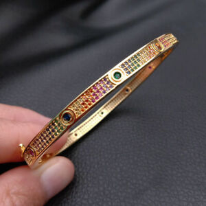 cuff Bangle Bracelet Roman rainbow cubic zirconia micro pave 18k gold filled