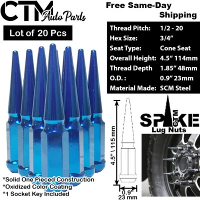20 PCS 4.5'' BLUE 1/2-20 SOLID STEEL SPIKE WHEEL LUG NUTS +KEY FOR FORD MODELS - Image 1 of 2