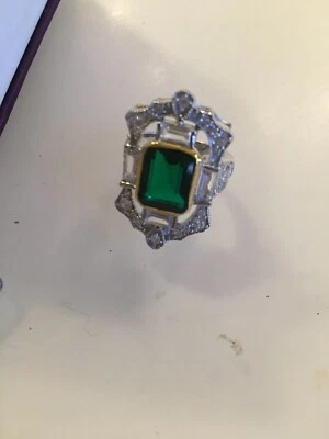 3Ct Emerald Cut Blue Topaz Halo Engagement Ring 14K Solid White Gold Finish 4.75 - Image 1 of 2