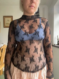 pretty goth long sleeve mesh see through sheer floral black top new look size 8 - Picture 1 of 5