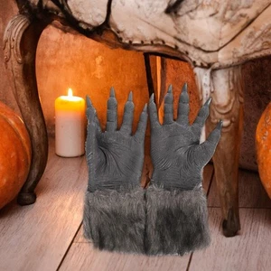 Halloween Werewolf Gloves Hairy Gloves Wolf Hands Paws with Claws Fancy Dress - Picture 1 of 7