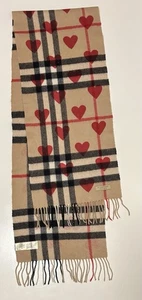 Burberry Scarf 100%Cashmere, Beige, Red Hearts Check Pattern Made In Scotland - Bild 1 von 7