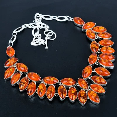 Baltic Amber Marquise Gemstone 925 Sterling Silver Jewelry Necklace 18" VJ 1413 - Image 1 of 4
