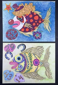 Original Colored Pencil Drawing Surreal Mourning Tropical Fish 11x14” Folk Art - Picture 1 of 10
