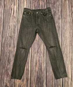 Levis 501 S Jeans Mens 28x28 Black Distressed Big E Faded Button Fly Grunge  - Picture 1 of 6