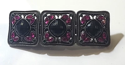 Silver Tone Hair Barrette Pink and Green Stones Black Faceted   Made In FRANCE - Image 1 of 4