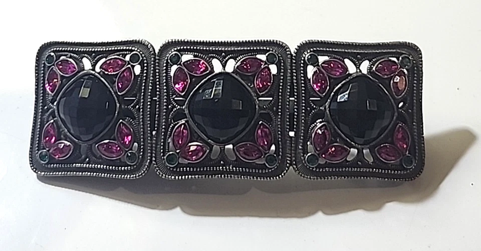 Silver Tone Hair Barrette Pink and Green Stones Black Faceted   Made In FRANCE - Image 1 of 4