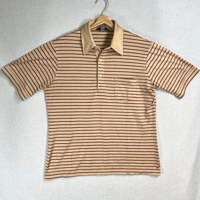 VINTAGE 70s JC Penney Polo Shirt Mens Size Large Striped Beige Brown Disco - Image 1 of 4
