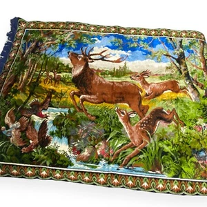 Rare Vintage Mid Century Running Deer Elk Family Velvet Tapestry Wall Rug Fringe - Picture 1 of 8