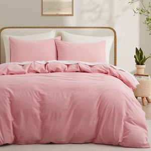 Pink Cotton Duvet Cover Queen Size, Linen like Natural Bedding Set with Zipper C - Picture 1 of 7