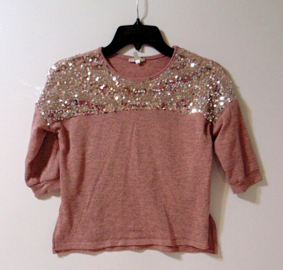 Girls Self Esteem Top Shirt M Pink Gray Sequin Sparkle 3/4" Sleeves Slit Sides - Image 1 of 4