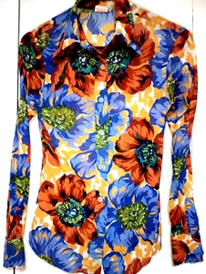 Vintage 70s "Trousers" Blouse womens floral shirt Nylon - Picture 1 of 5