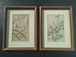 2 Vintage Shizuo Ashikaga Bird w Plum Blossom Japanese Woodblock Wall Art - Picture 1 of 3