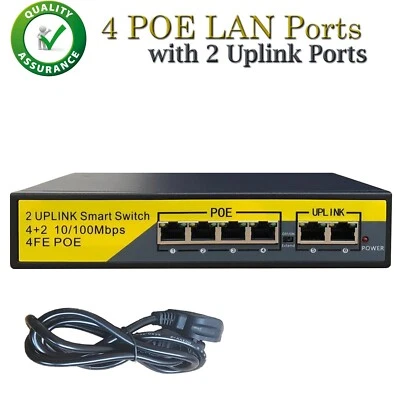 4CH POE switch with 2 Uplink ports 4 Port Power Over Ethernet LAN Network HUB UK - Image 1 of 4