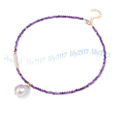 Faceted 3mm Natural Amethyst Round Beads White Baroque Pearl Pendant Necklace