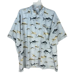 Rima Shirt Mens Size 3XL White Blue Button Front Hawaiian Fish Graphic Collared - Picture 1 of 12