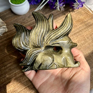 485g Natural Golden Obsidian Nine-tailed Fox Carved Quartz Crystal Skull Healing - Picture 1 of 8