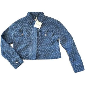 Marled Cropped Jacket Woman's Size Medium Textured Blue Denim Zip Button Coat - Picture 1 of 11