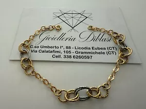 18K YELLOW WHITE GOLD BRACELET ALTERNATE 7mm OVALS RHOMBUS AND CIRCLE LINK 7.7" - Picture 1 of 9