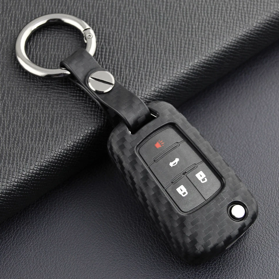 for Chevy Buick Flip Car Key Fob Chain Ring Case Cover Carbon Fiber Accessories