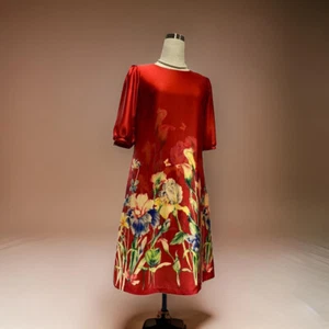 Elegant Flower Red A Line Dress Mature Women Dress Big Size Loose Dress - Picture 1 of 5