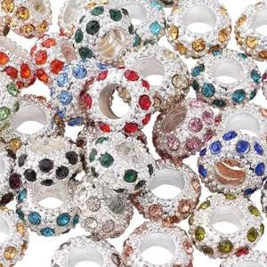 100 Alloy Paved Rhinestone European Beads Large Hole Silver Loose Charms 11mm - Picture 1 of 6