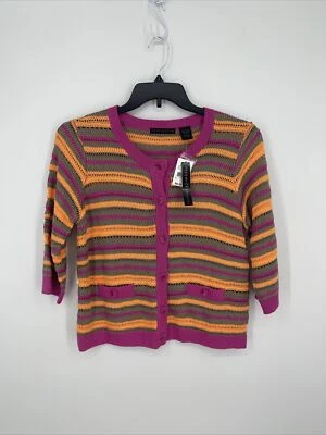 Cárdigan Suéter Preswick & Moore Rosa Naranja Tostado Rayas Tejido Abierto Nuevo con Etiquetas Talla L Foto 1 de 4